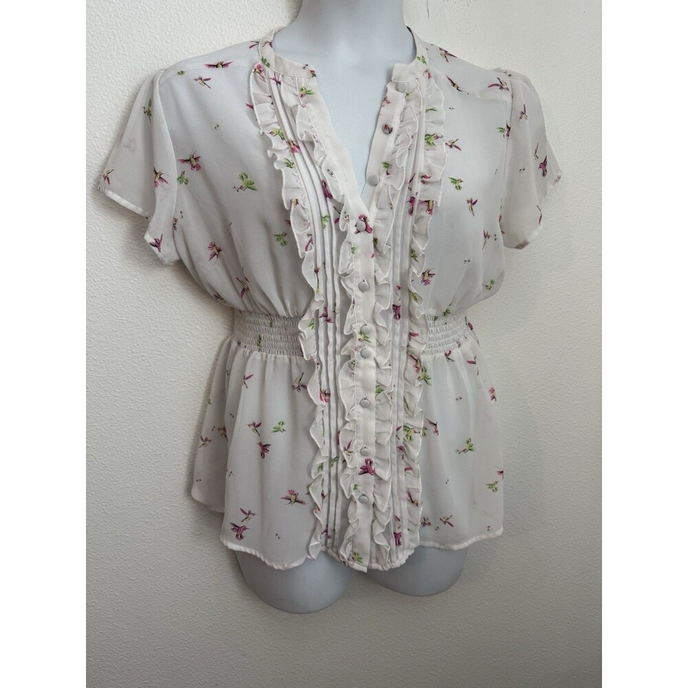Torrid Blouse Ruffle Trim Button Up Short Sleeve Size L White Hummingbird EUC